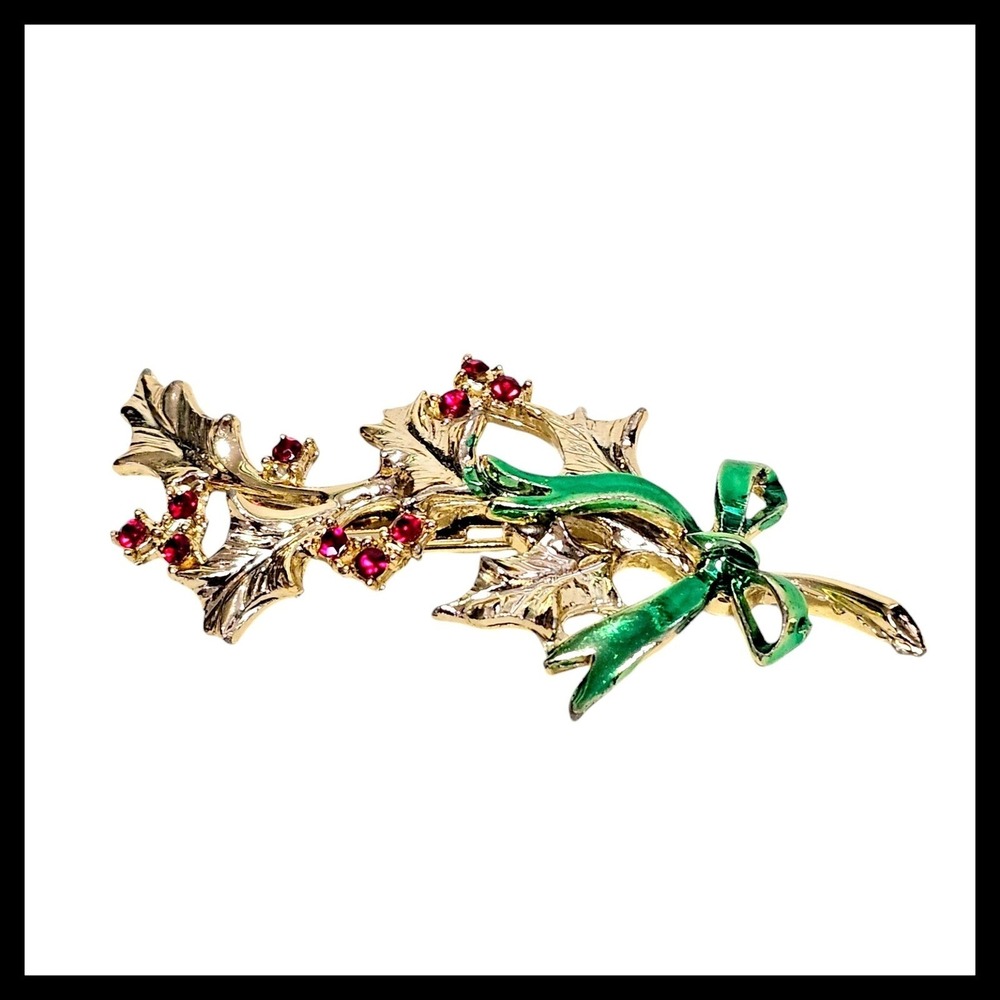 Vintage‎ Pin Brooch Gold Toned Christmas Holly Berry Bow Red Stone